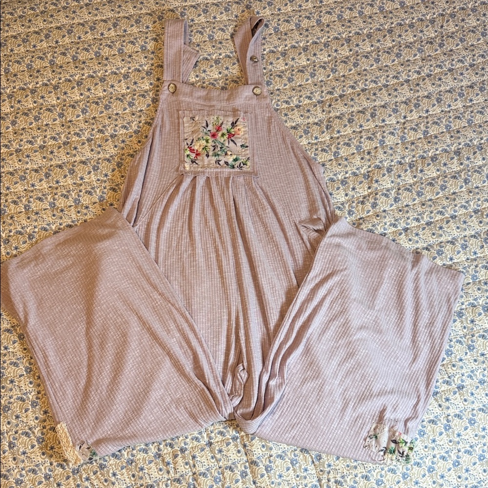 POL Lavender Women's Pajama Overalls with Floral Pocket
